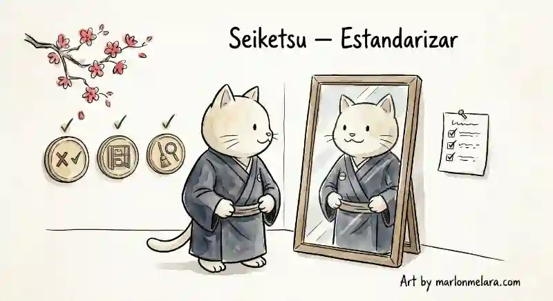 Gato con kimono japonés frente a un espejo revisando su atuendo impecable, con tres medallones en la pared que representan las tres S anteriores ya conquistadas: Seiri, Seiton y Seiso, cada uno con una palomita de verificación.