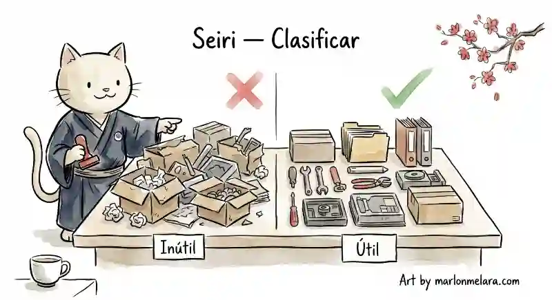 Gato con kimono japonés frente a una mesa de trabajo dividida en dos zonas: a la izquierda objetos caóticos e inútiles marcados con una X, y a la derecha los mismos objetos ordenados y útiles marcados con una palomita.