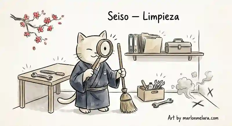 Gato con kimono japonés sosteniendo una escoba y una lupa, inspeccionando un espacio de trabajo limpio y brillante, con una nube de polvo disipándose en una esquina como rastro de la limpieza realizada.