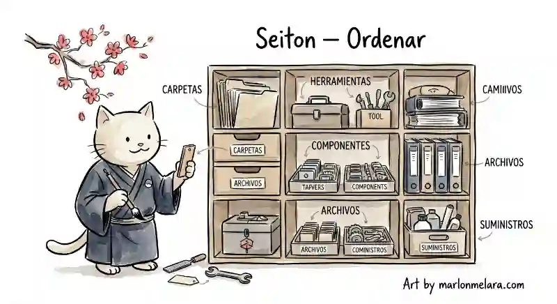 Gato con kimono japonés etiquetando un estante organizado con compartimentos claramente identificados, mientras uno o dos objetos aún sin ubicar esperan en el suelo ser asignados a su lugar.