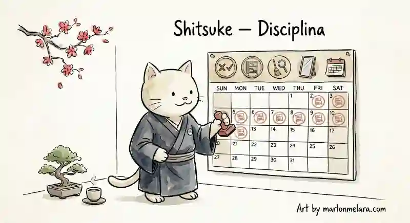 Gato con kimono japonés marcando con serenidad el día cumplido en un calendario con muchos días ya sellados consecutivamente, con cinco iconos que representan las 5S completas en la parte superior y detalles del hogar ordenado en una esquina.
