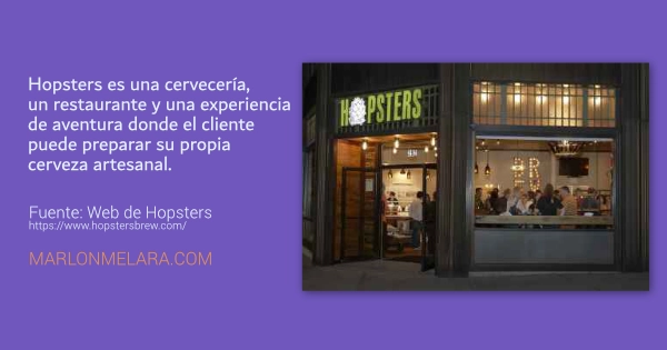 Infografía de Hopsters. Texto: Es una cervecería, restaurante y experiencia donde el cliente puede preparar su propia cerveza artesanal. Se acompaña de una fotografía nocturna de la entrada del local.