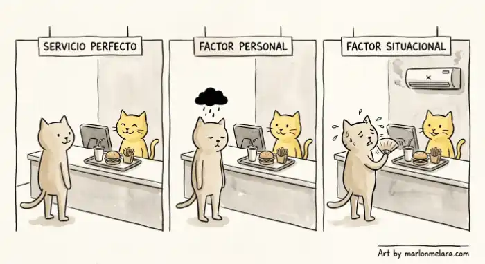 Ilustración en tres escenas: un gato cliente recibe feliz su orden en un restaurante de comida rápida; en la segunda, recibe la misma orden pero con una nube negra sobre su cabeza por un factor personal; en la tercera, sudando por el aire acondicionado roto, sin poder disfrutar el mismo buen servicio.