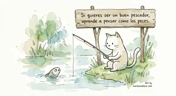 Escena de un gato sentado en la orilla de un río, sosteniendo una caña de pescar. Desde el agua asoma un pez curioso mirando al gato. El gato también mira al pez fijamente, como si estuviera intentando pensar como él.