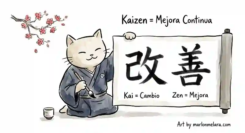 Gato vestido con kimono japonés sosteniendo un pincel de caligrafía frente a un pergamino con los kanji 改 (Kai, cambio) y 善 (Zen, mejora), que juntos forman la palabra Kaizen, acompañado de una rama de cerezo y una taza de té.
