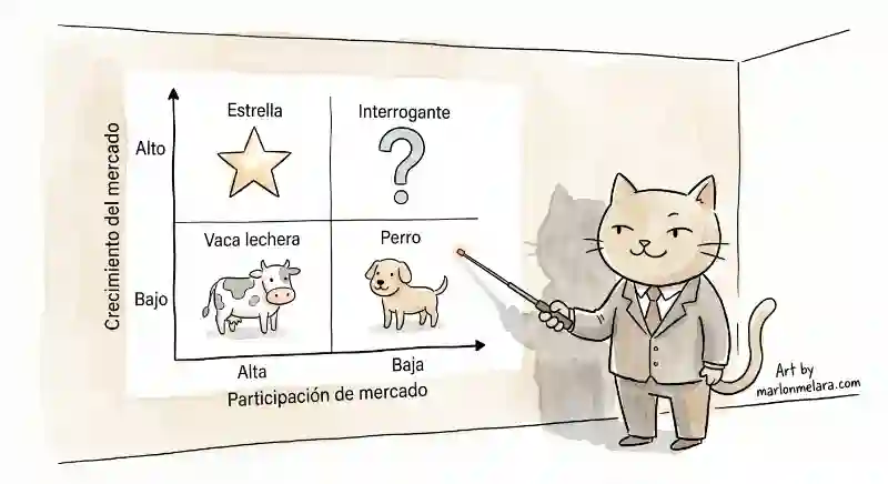 Ilustración en acuarela de un gato gerente señalando con un puntero la Matriz BCG proyectada en una pared, con sus cuatro cuadrantes: Estrella, Interrogante, Vaca lechera y Perro.